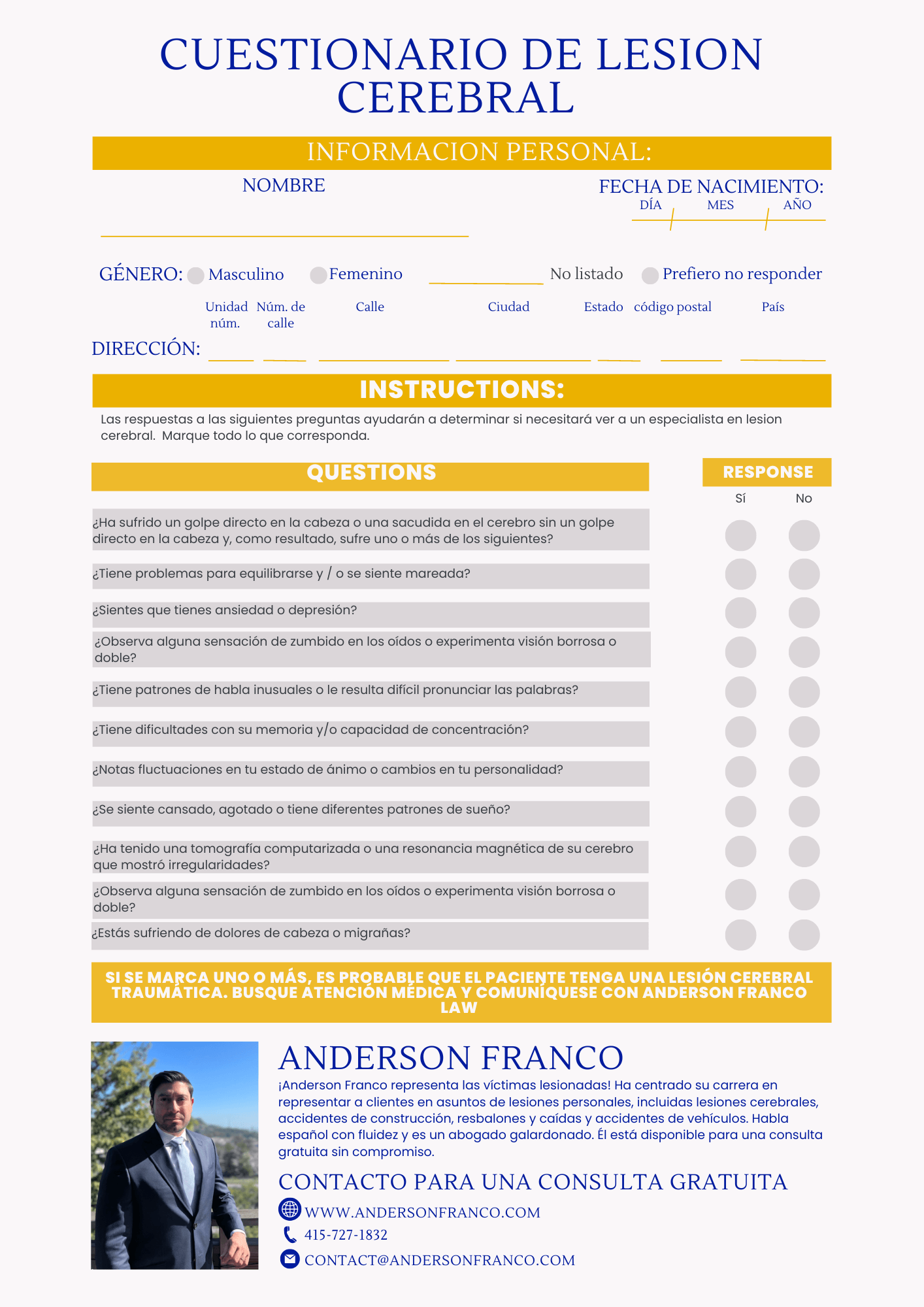 Cuestionario De Lesión Cerebral San Francisco Abogado De Lesión