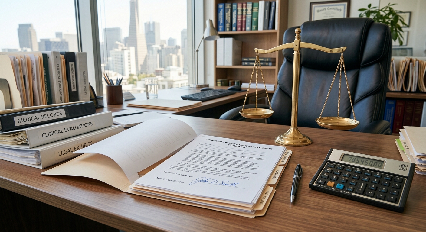 Abogado revisando un documento de reembolso de compensacion laboral demanda terceros en un escritorio.