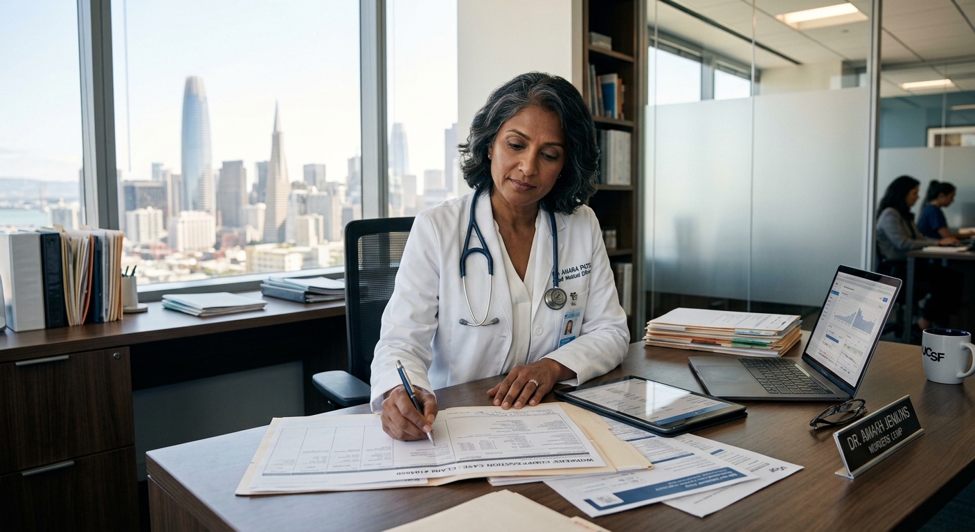 Médico analizando documentos para la revisión de utilización en compensación laboral de California.
