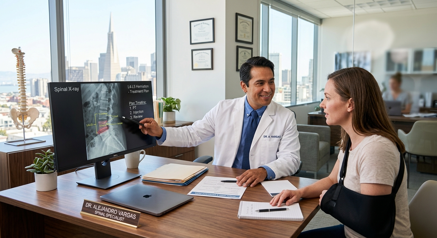 Un médico especialista analiza radiografías médicas para probar gastos médicos futuros en California.