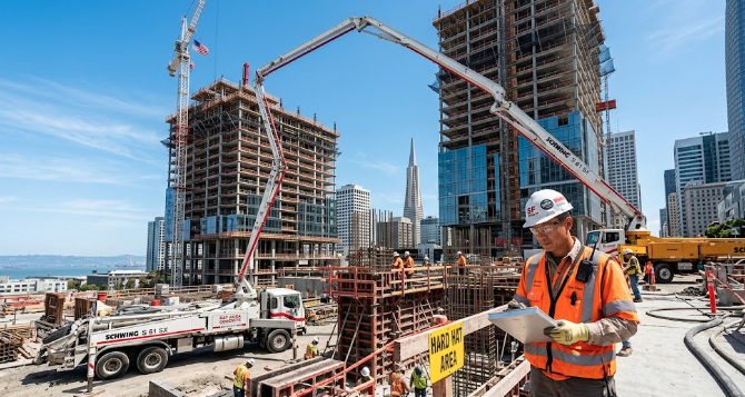Operación de Bomba de Pluma de Concreto en Obra de Construcción